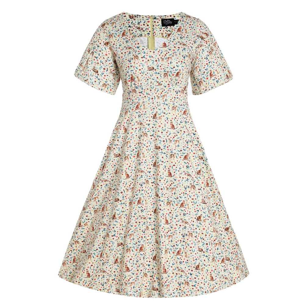 Dolly and Dotty Retro Cat Floral Rockabilly Tea Dress 16 pin up catlady